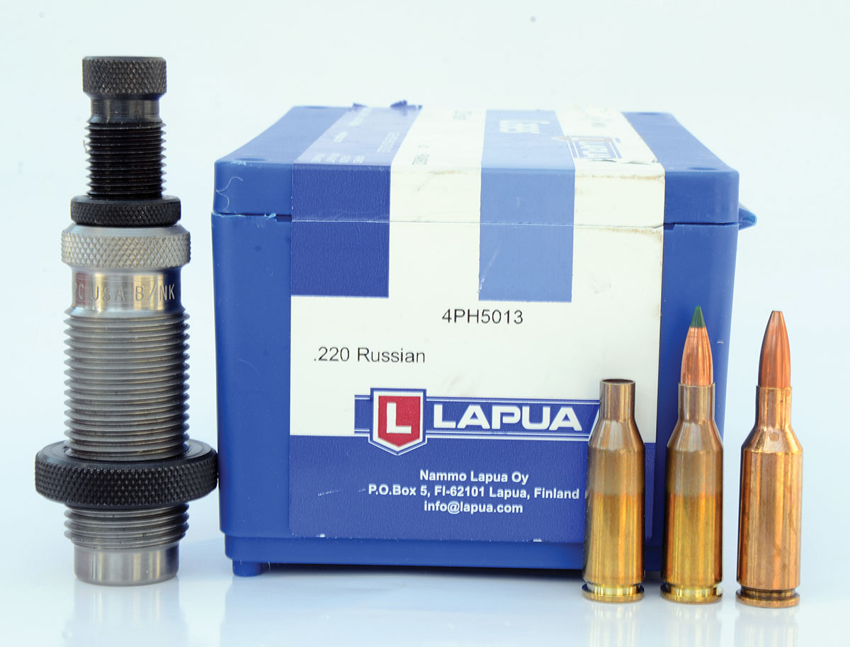 Forming cases from Lapua 220 Russian brass is easy. After a case is run through a 22 PPC full-length resizing die, it is trimmed to 1.510 inches and its neck outside turned to the desired wall thickness. The case at far right has been fireformed to the PPC shape.